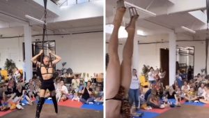Rage at drag act for babies, as naked man in thigh-high leather boots performs bondage routine for kids and parents