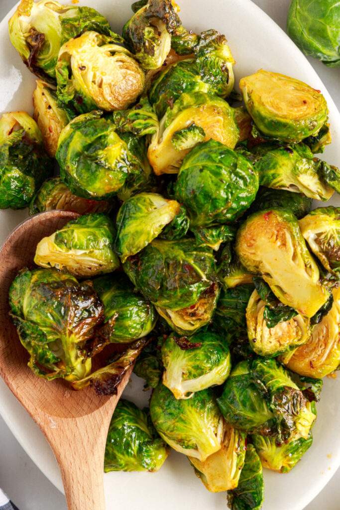 Air Fryer Bang Bang Brussels Sprouts on a serving plate