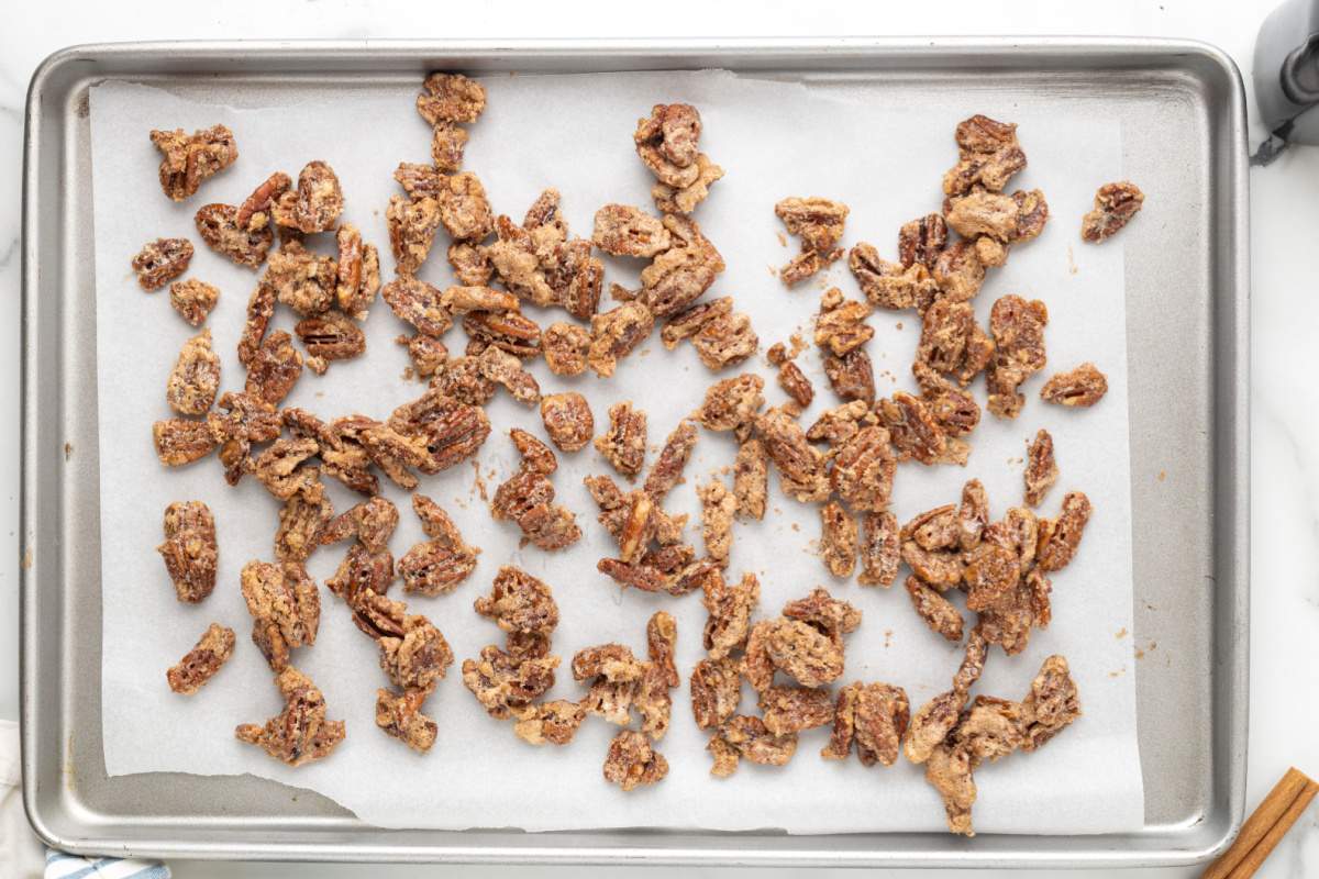 candied walnuts on a baking sheet