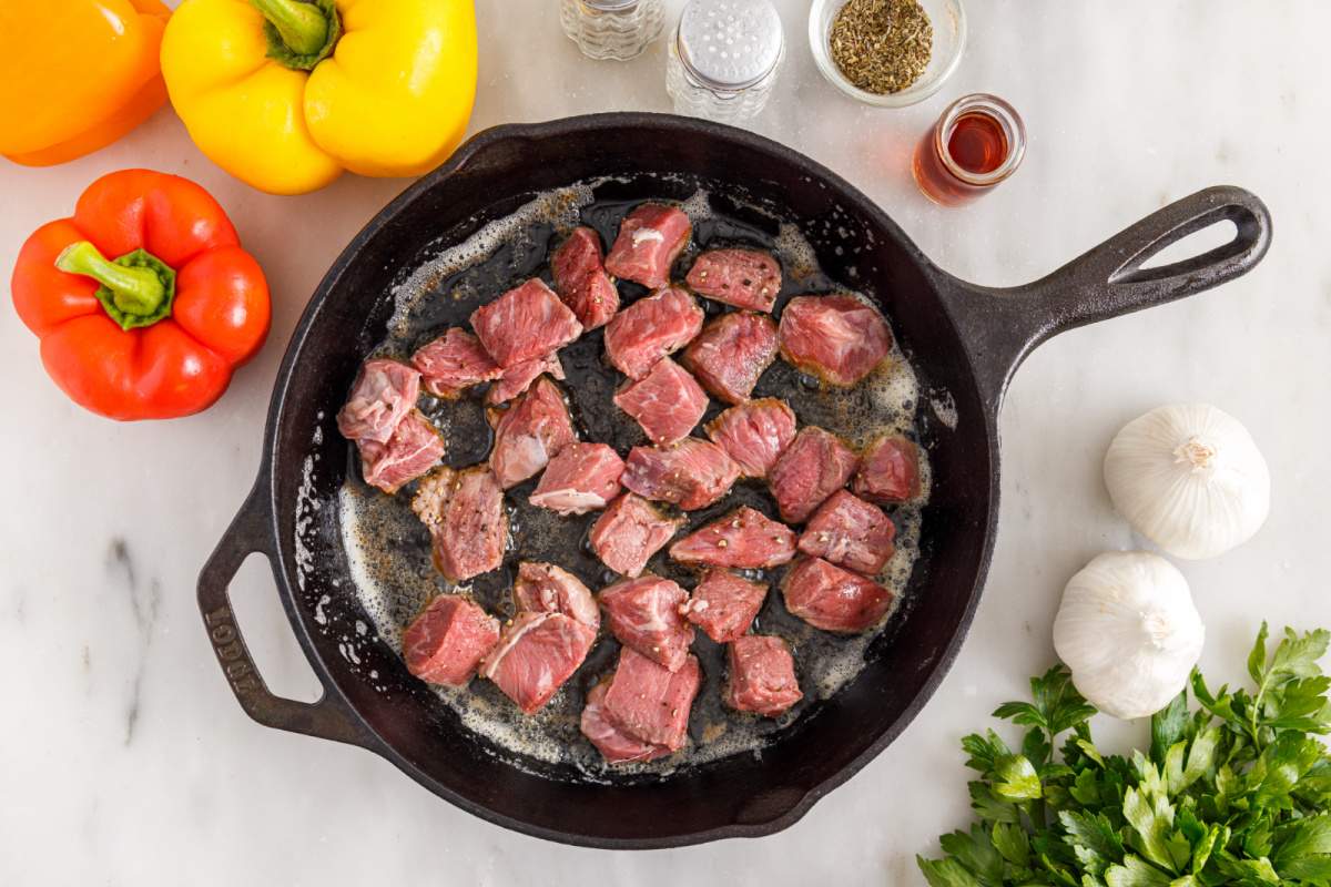 steak bites in a pan