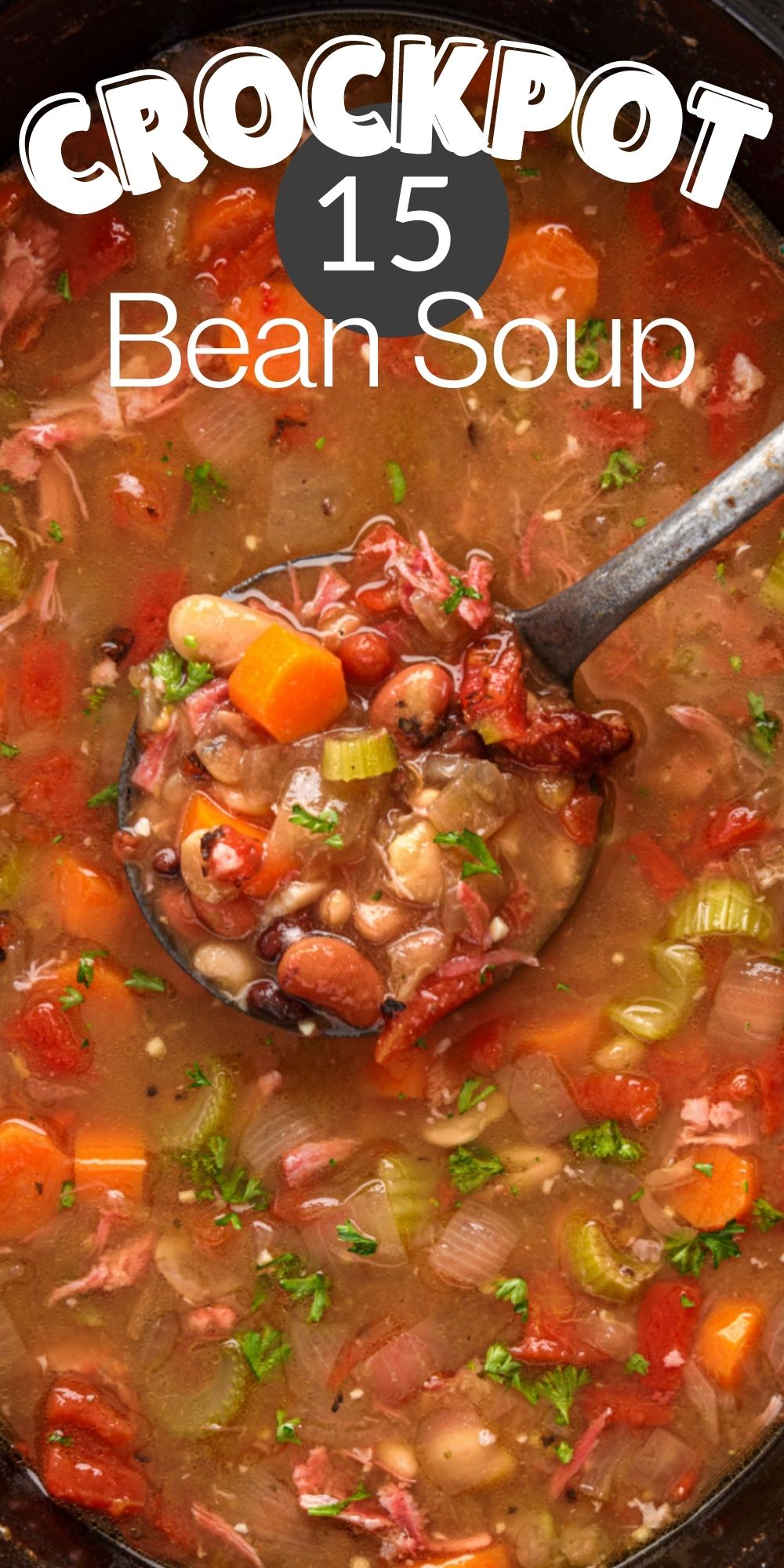 This Crockpot 15 Bean Soup Recipe is a comforting, flavorful slow cooker soup with ham, baby beans and vegetables. via @familyfresh