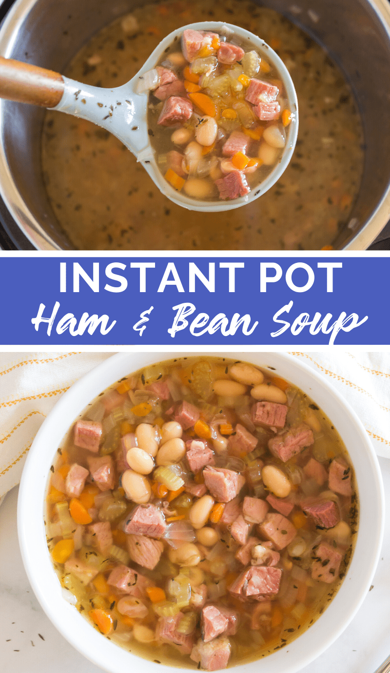 This Instant Pot Ham and Bean Soup can also be made in your slow cooker. It's packed with fresh vegetables, beans, and is the perfect recipe for leftover ham. #instantpot #ham #bean #soup via @familyfresh