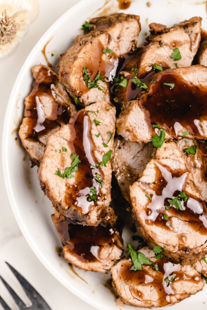 Instant Pot Pork Tenderloin with Honey Balsamic Sauce on a Plate