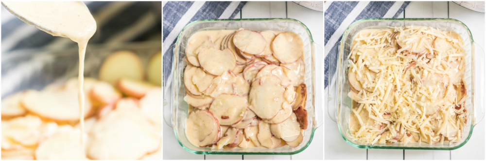 Instant Pot Potatoes Au Gratin - Sliced ​​potatoes in a baking dish with sauce and cheese