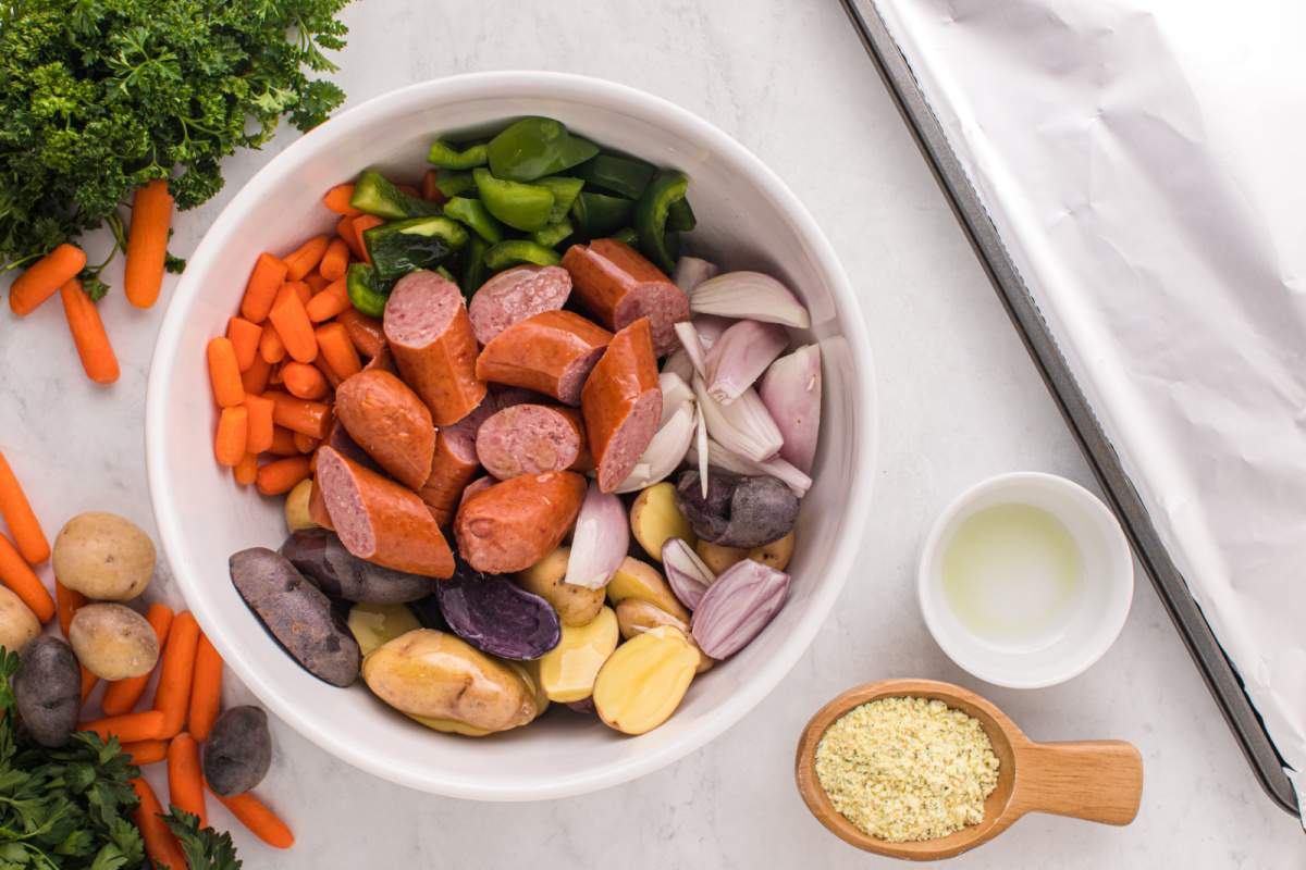 Sausages and vegetables in a bowl