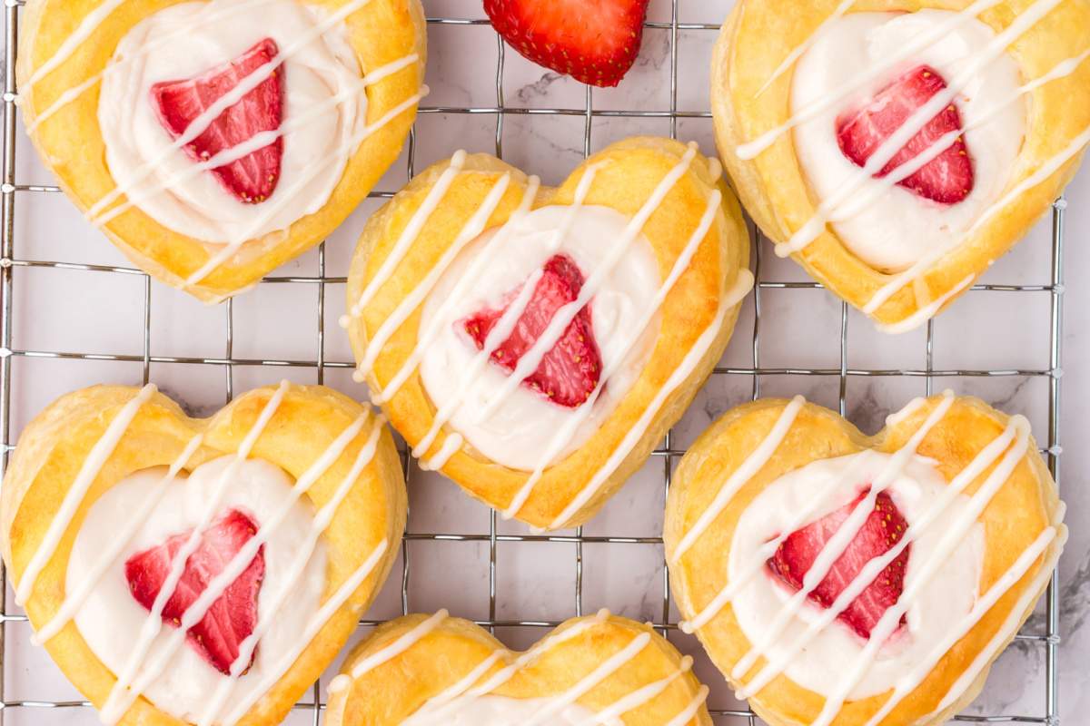 Strawberry Cream Cheese Heart Cakes on a cooling rack