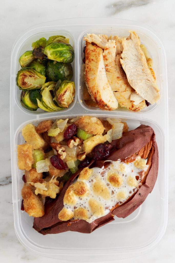 Mea leftovers from Thanksgiving packed in a lunch box