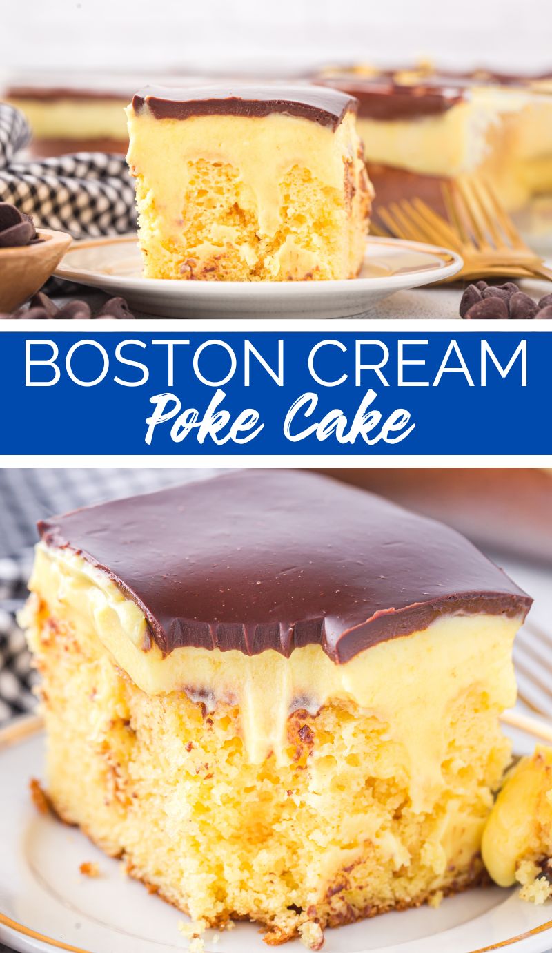 This Boston Cream Poke Cake is made with a yellow cake mix base, filled with a French vanilla pudding mix, and then topped with chocolate ganache. via @familyfresh