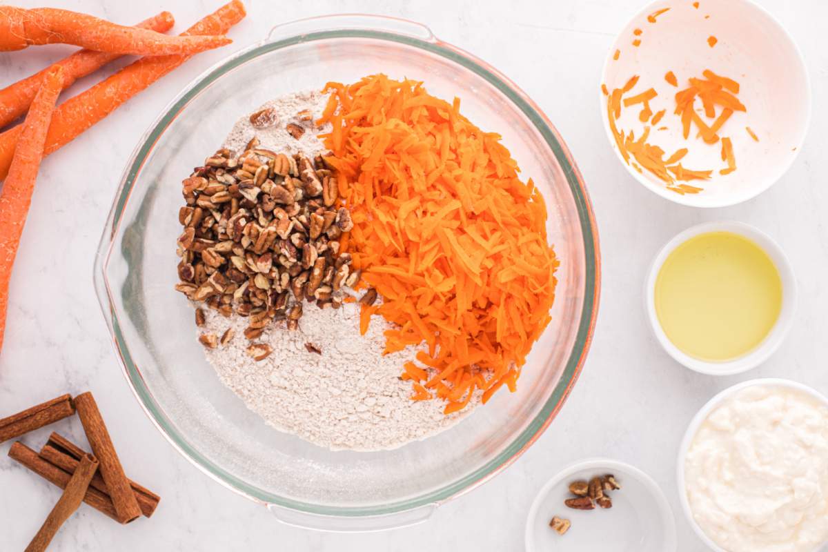 cake mix, carrots and walnuts in a large mixing bowl.