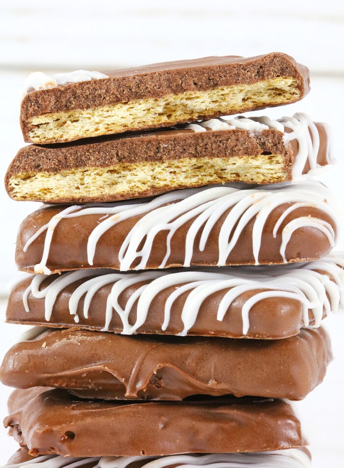 A stack of chocolate covered graham crackers.