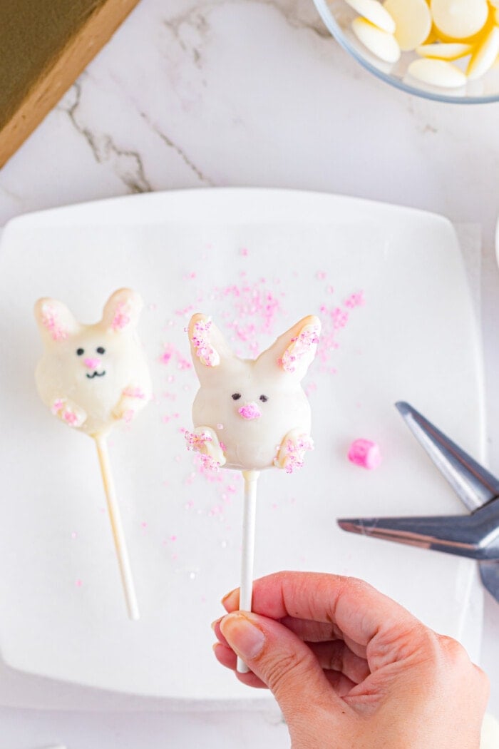 Adding the nose to the Easter Cake Pops.