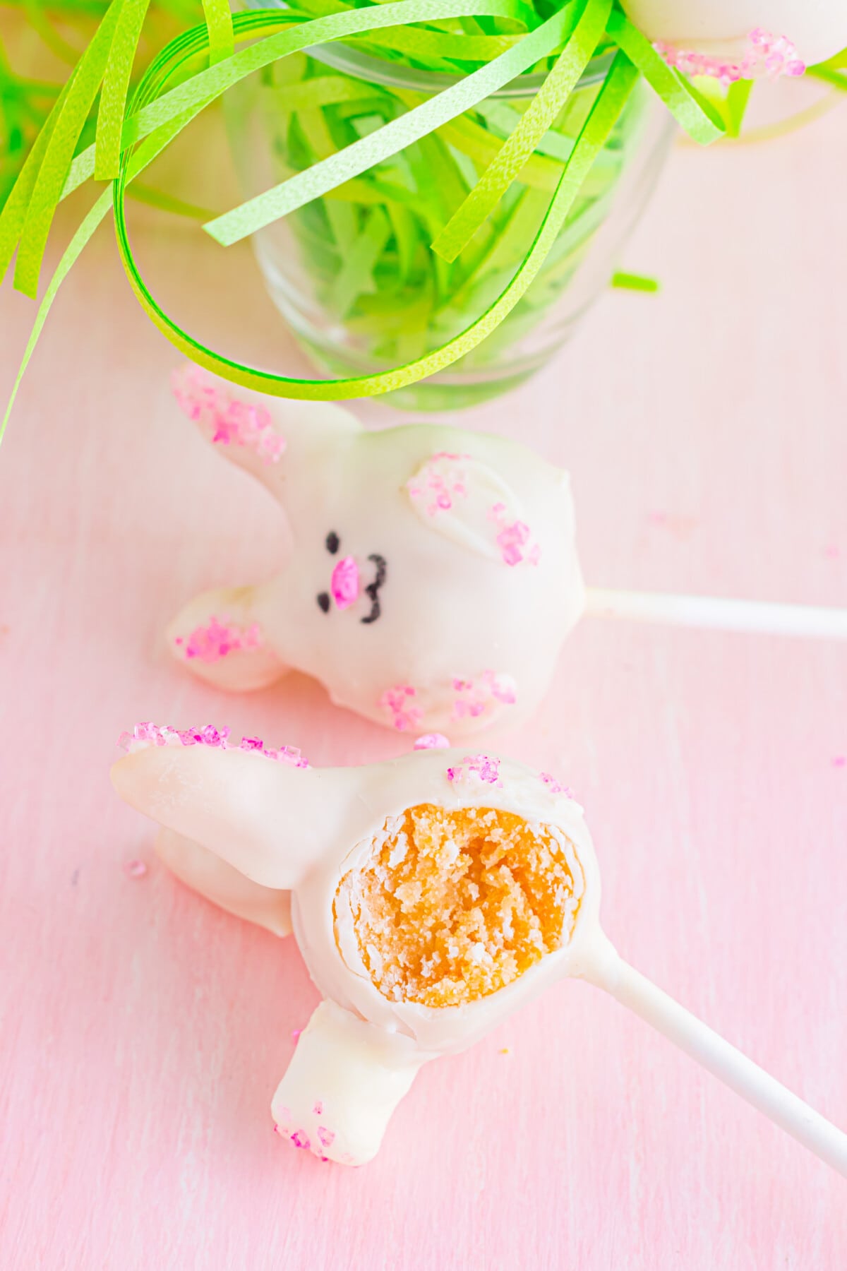 Easter Cake Pops cut in half to reveal the inside.