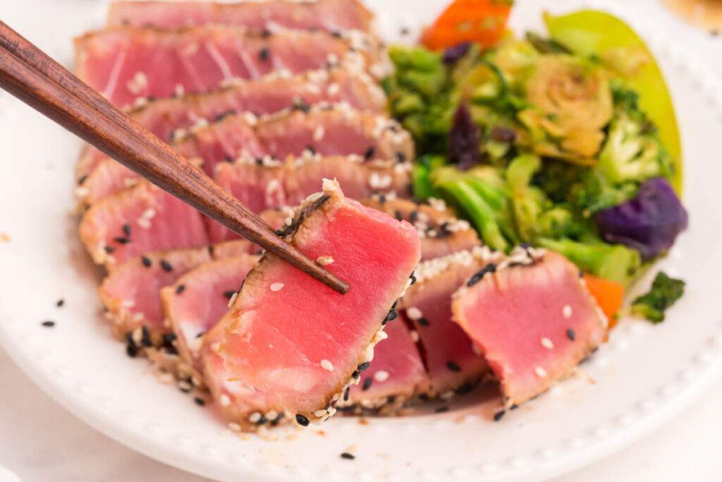 yellowfin tuna steak on a plate