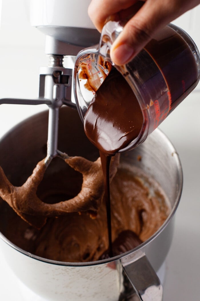 pour chocolate into the cake batter