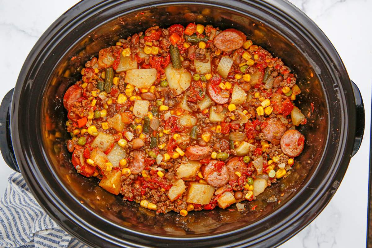 cooked Crockpot Texas Cowboy Stew in a slow cooker