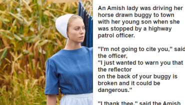 An Amish woman operating a horse-drawn buggy gets stopped by authorities