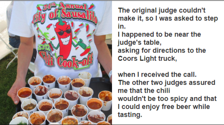 Chili chosen cookoff Delightful experience Humorous judge 