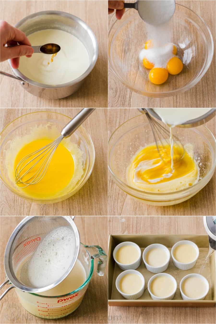 Photo collage showing the process for preparing creme brulee in ramekins.