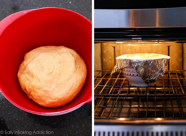 2 images of pizza dough in a red bowl and pizza dough in a bowl covered with foil rising in the oven