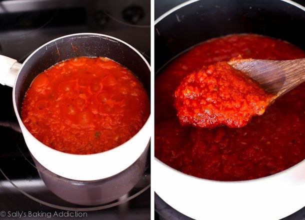 2 images of pizza sauce in a saucepan on the stove with a wood spoon