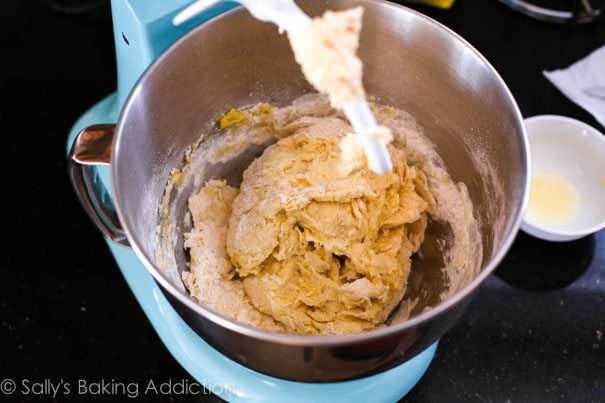 pizza dough in a stand mixer bowl with dough hook