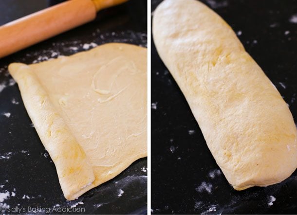 2 images of rolling and folding deep dish pizza dough