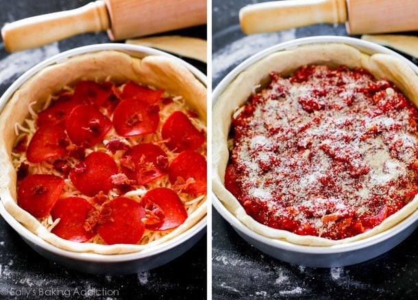 2 images of deep dish pizza with pepperoni and deep dish pizza toppings covered with sauce before baking