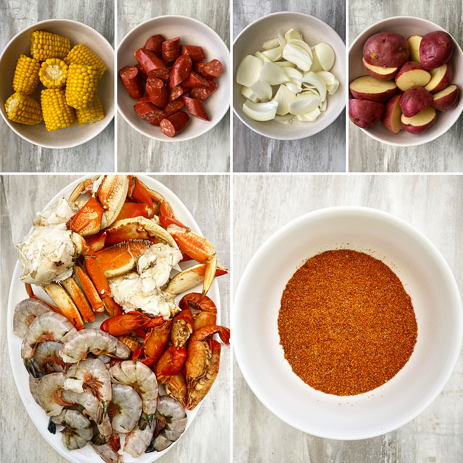collage of seafood boil ingredients