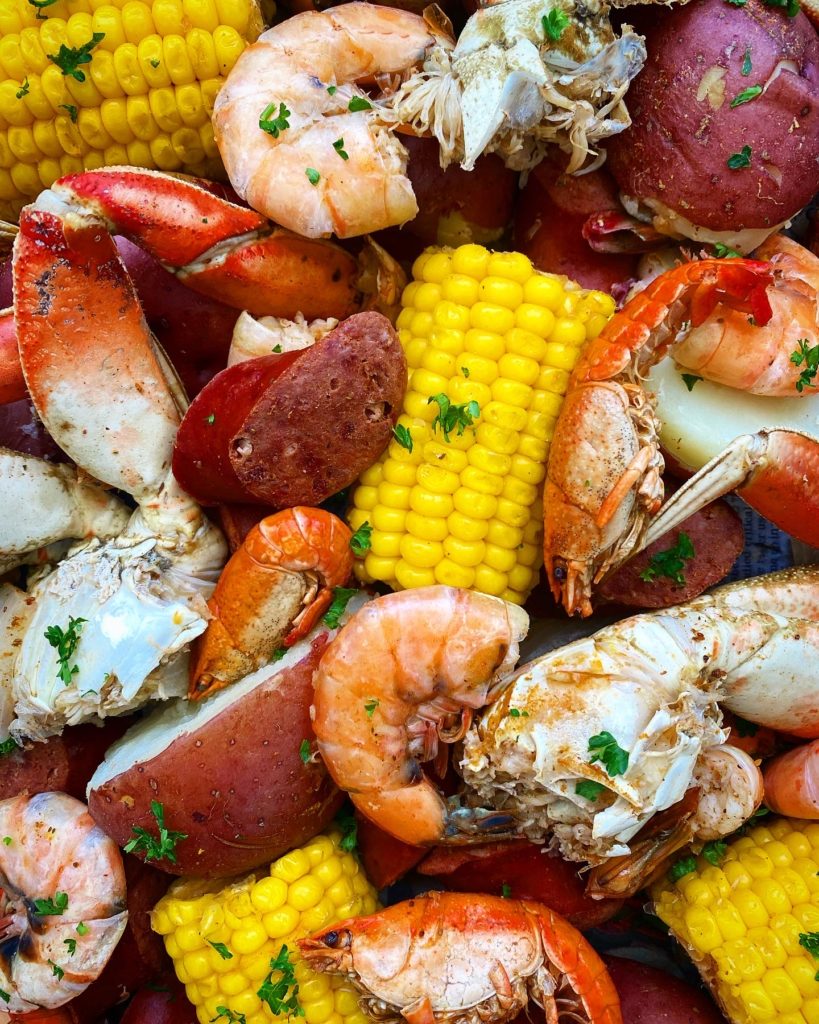 zoomed in, close up picture of seafood boil
