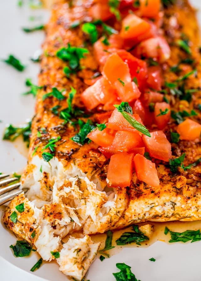 Lemon Garlic Halibut topped with Diced Tomatoes and Parsley