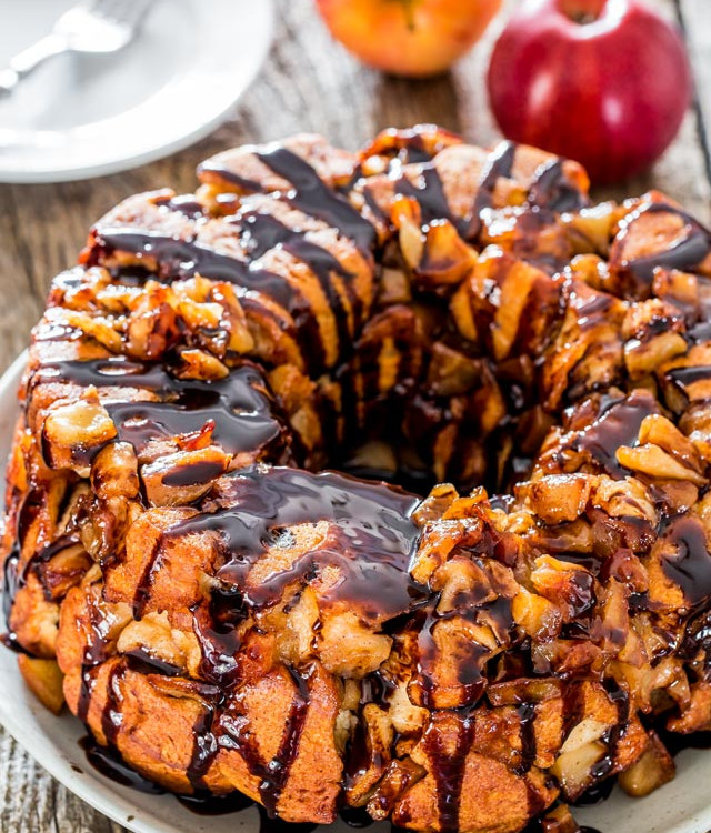 Monkey bread with apple pie and chocolate on a plate