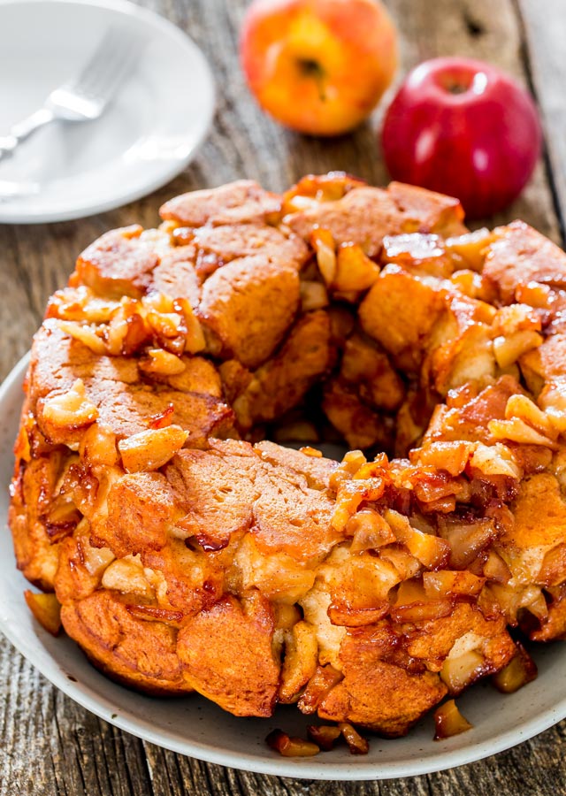 an apple pie monkey bread fresh from the oven on a plate