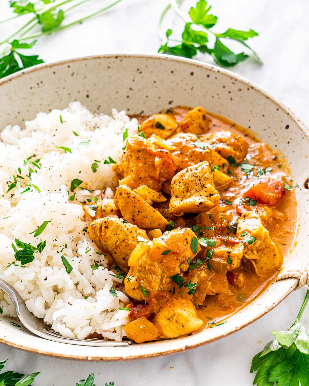 Close up of coconut chicken curry next to rice in a curry bowl