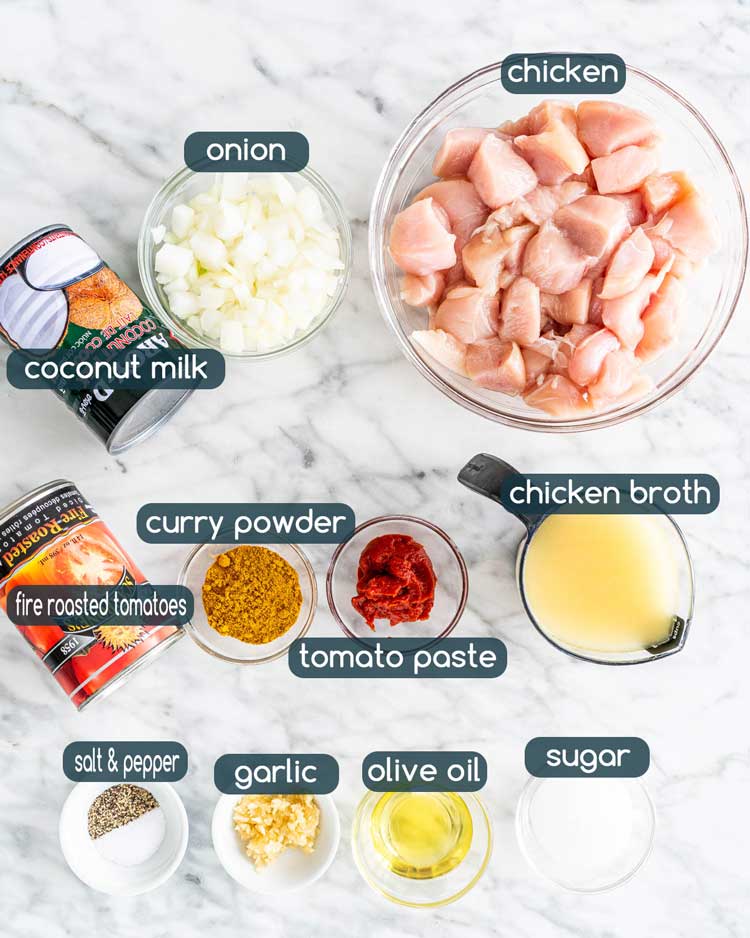 Overhead shot of all the ingredients needed to make Coconut Chicken Curry.