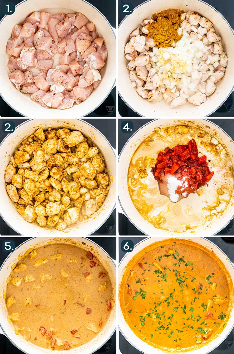 Process shots showing how to make Coconut Chicken Curry.