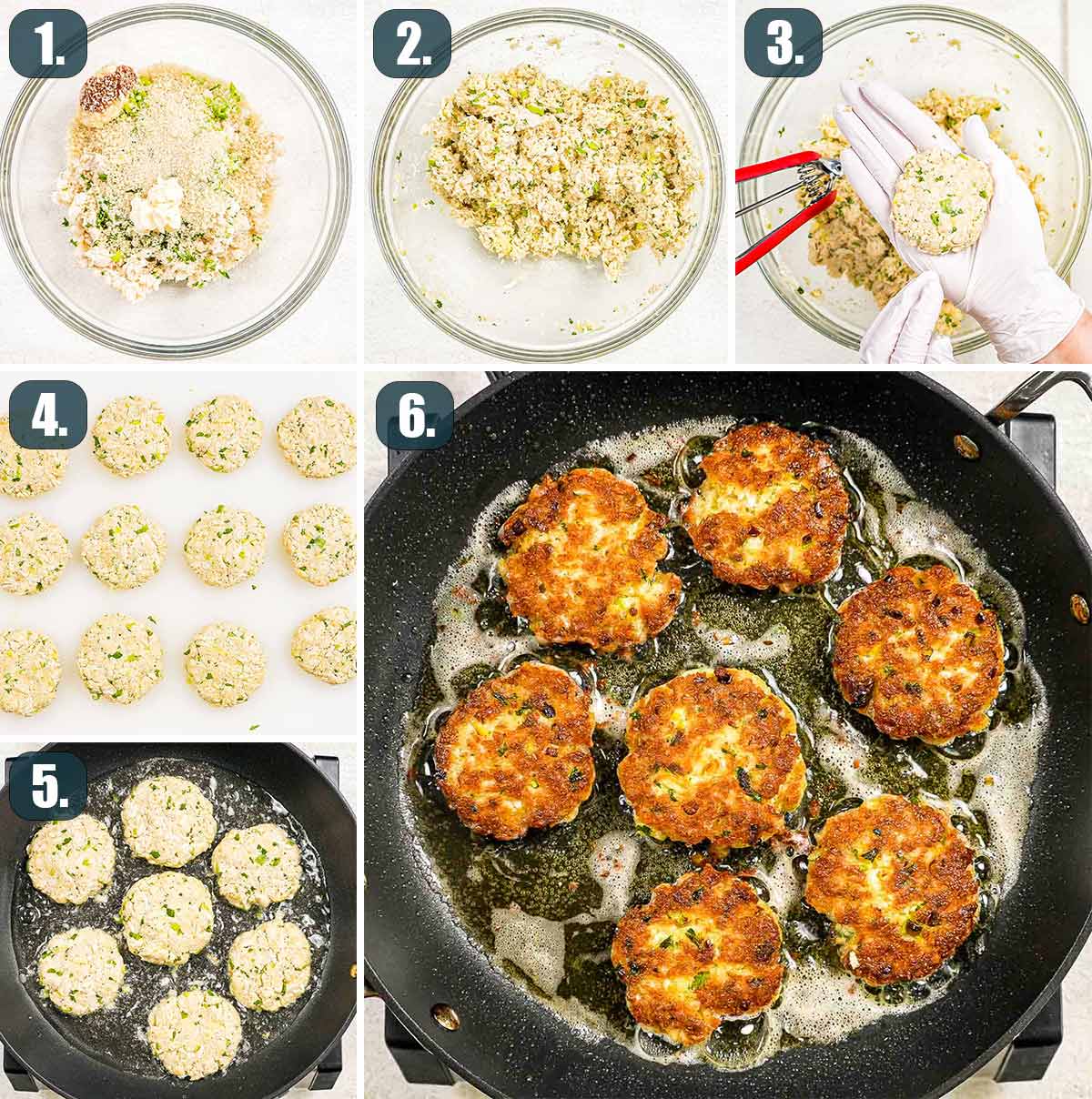 Detailed process shots showing how to make crab cakes.