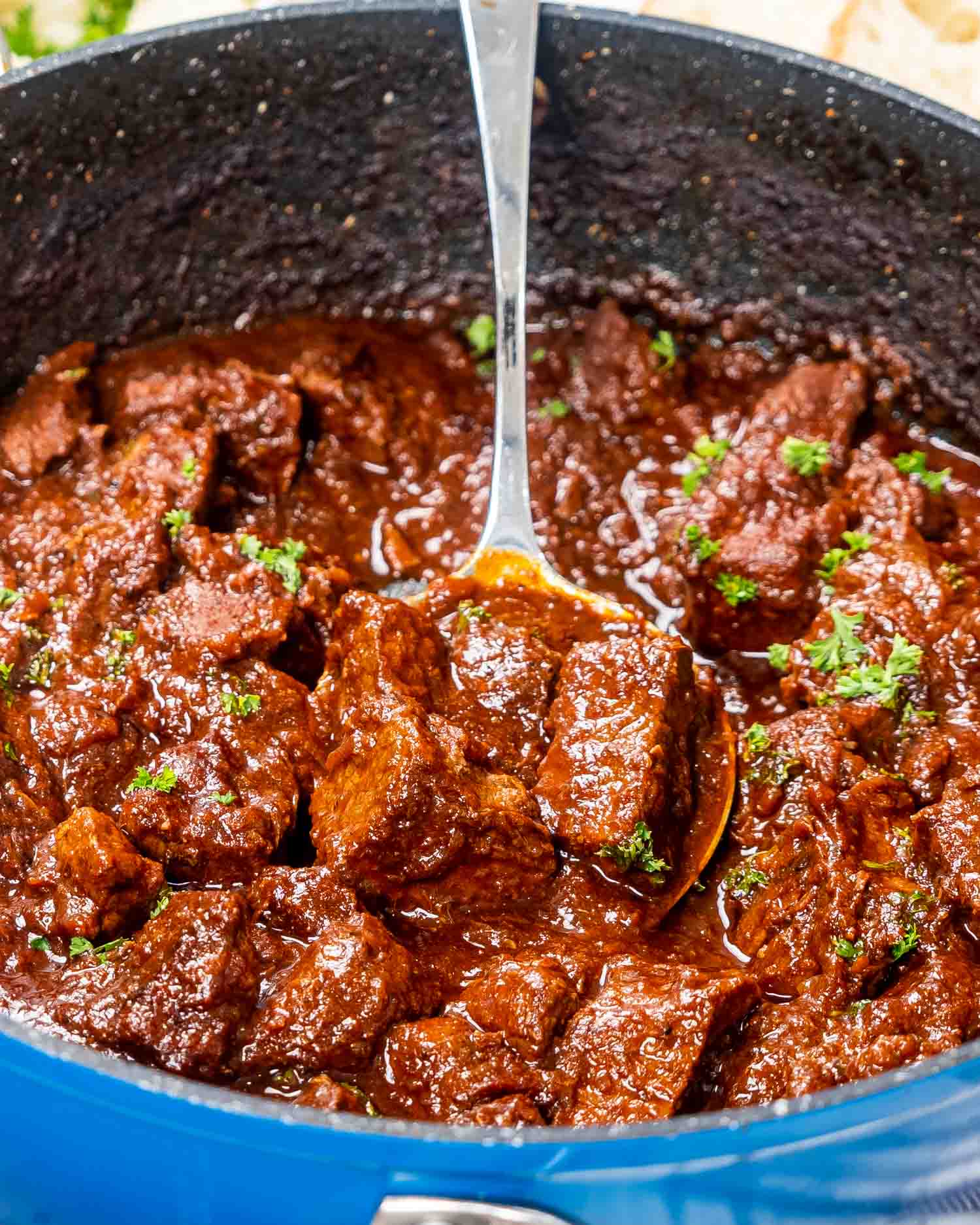 freshly made hungarian goulash in a large pot.