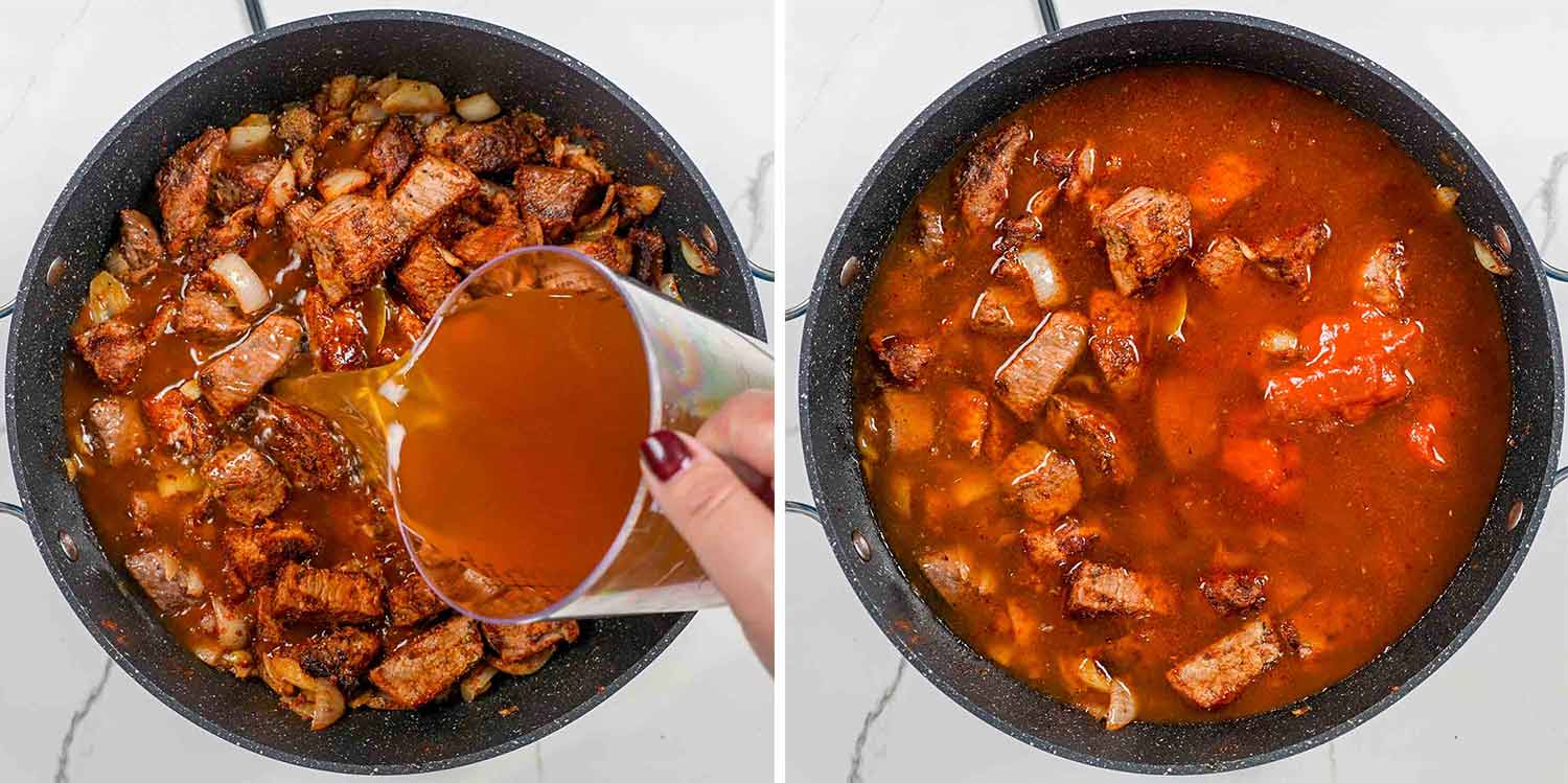 detailed process shots showing how to make hungarian goulash.