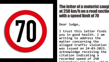 The letter of a motorist caught at 250 km/h on a road section with a speed limit of 70 (in France).