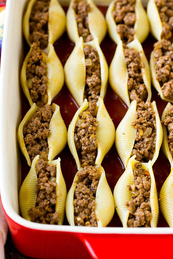 Jumbo shell pasta stuffed with Mexican beef.