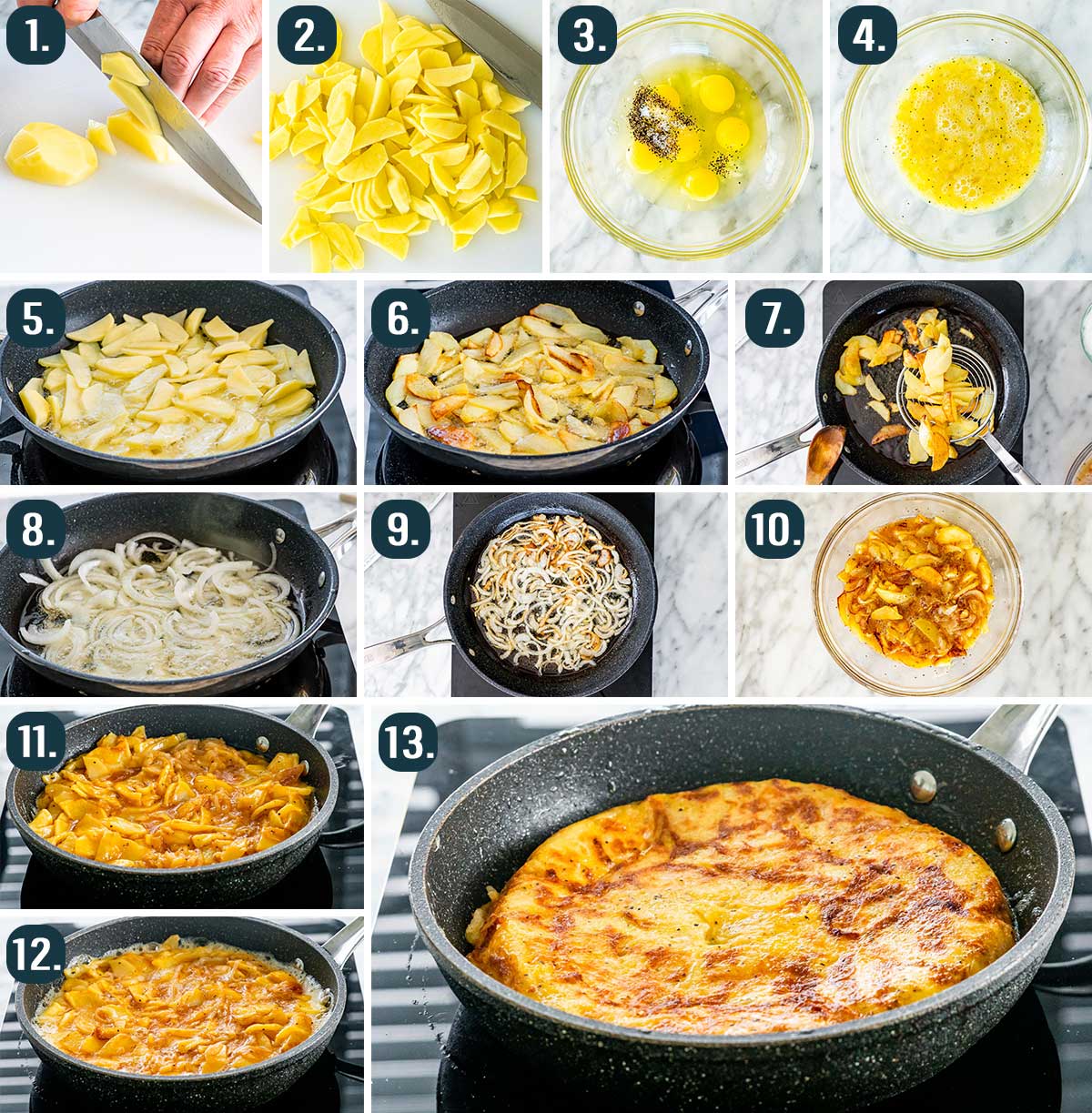Detailed process shots showing how to make a Spanish omelette.