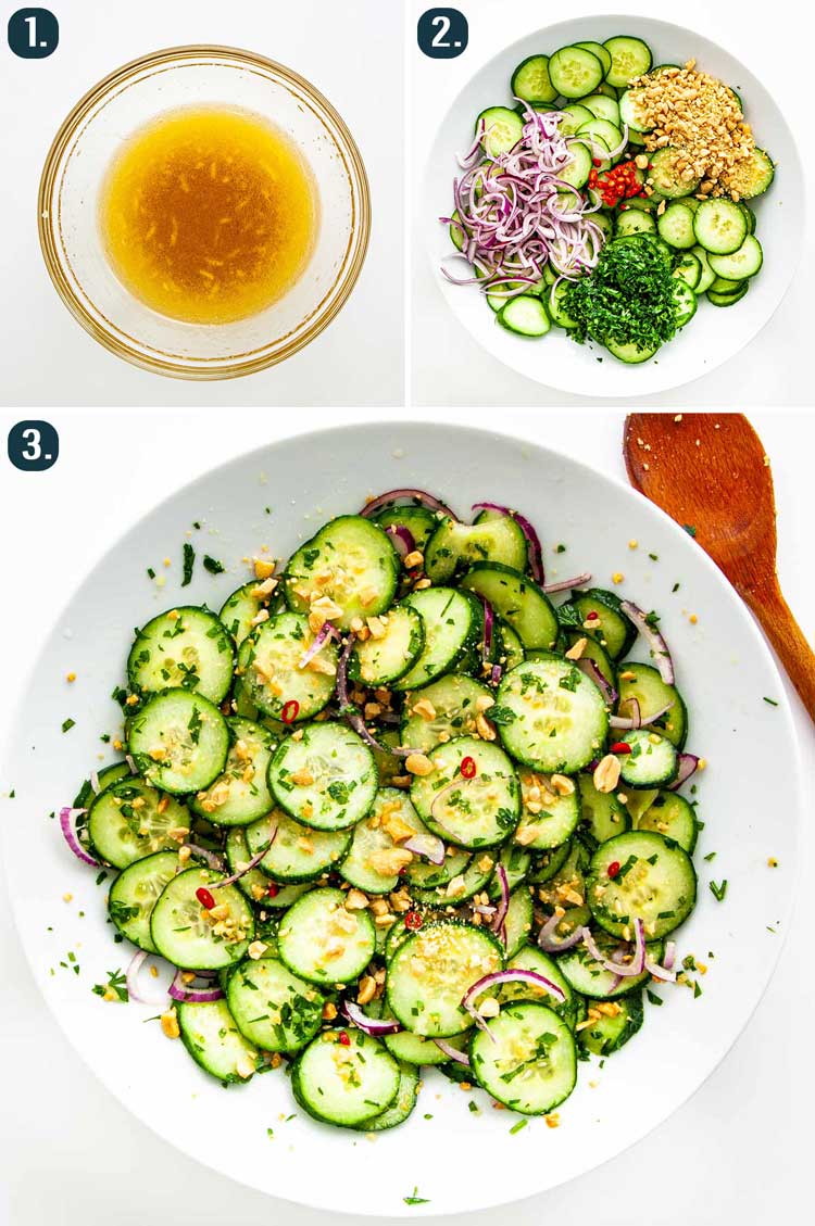 Detailed process shots showing how to make Thai Cucumber Salad.