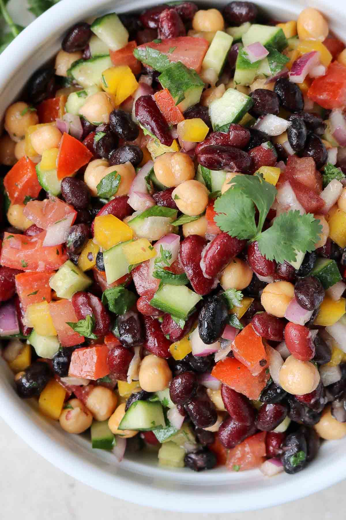 Close up of healthy three bean salad with vegetables in a white bowl.