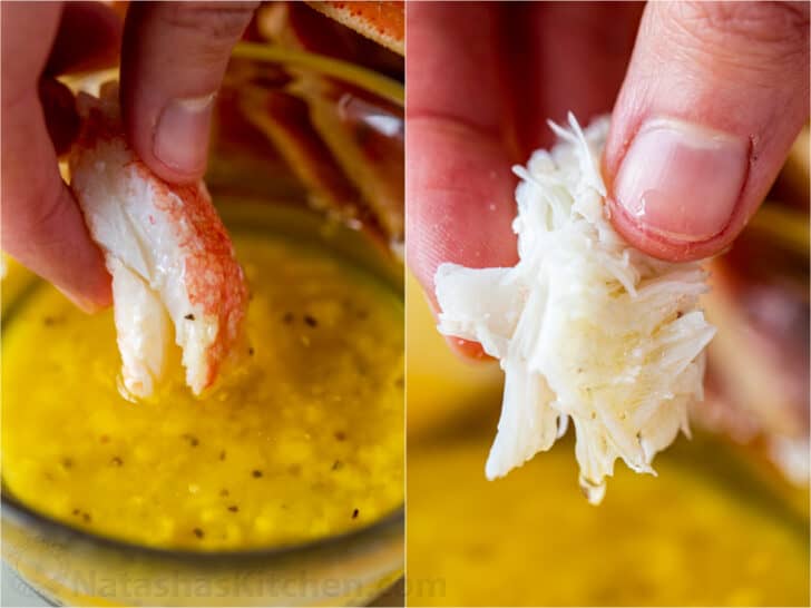 Crab meat dipped into homemade crab dipping sauce
