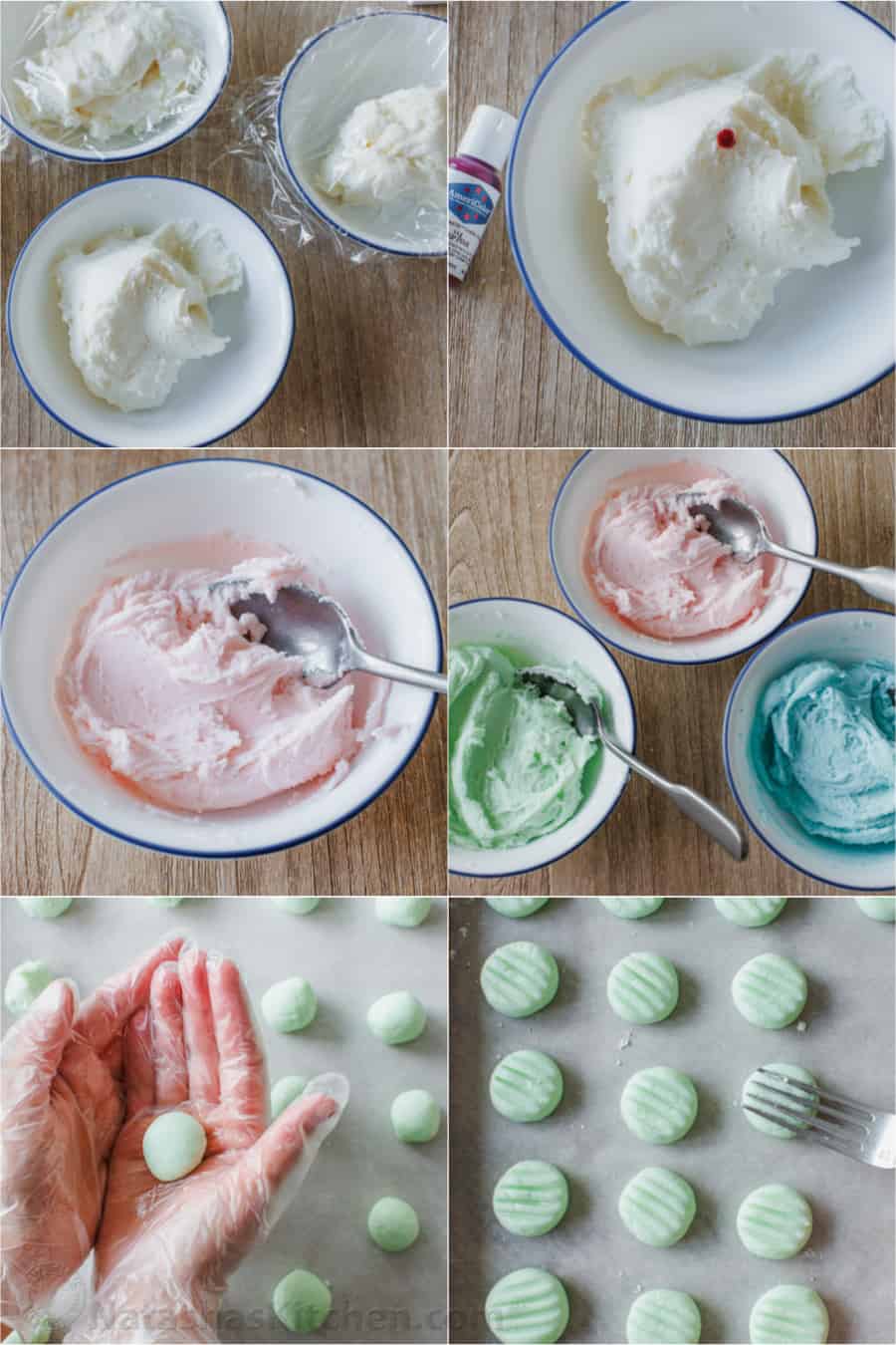 Photo collage showing the process for coloring and shaping the cream cheese mints.