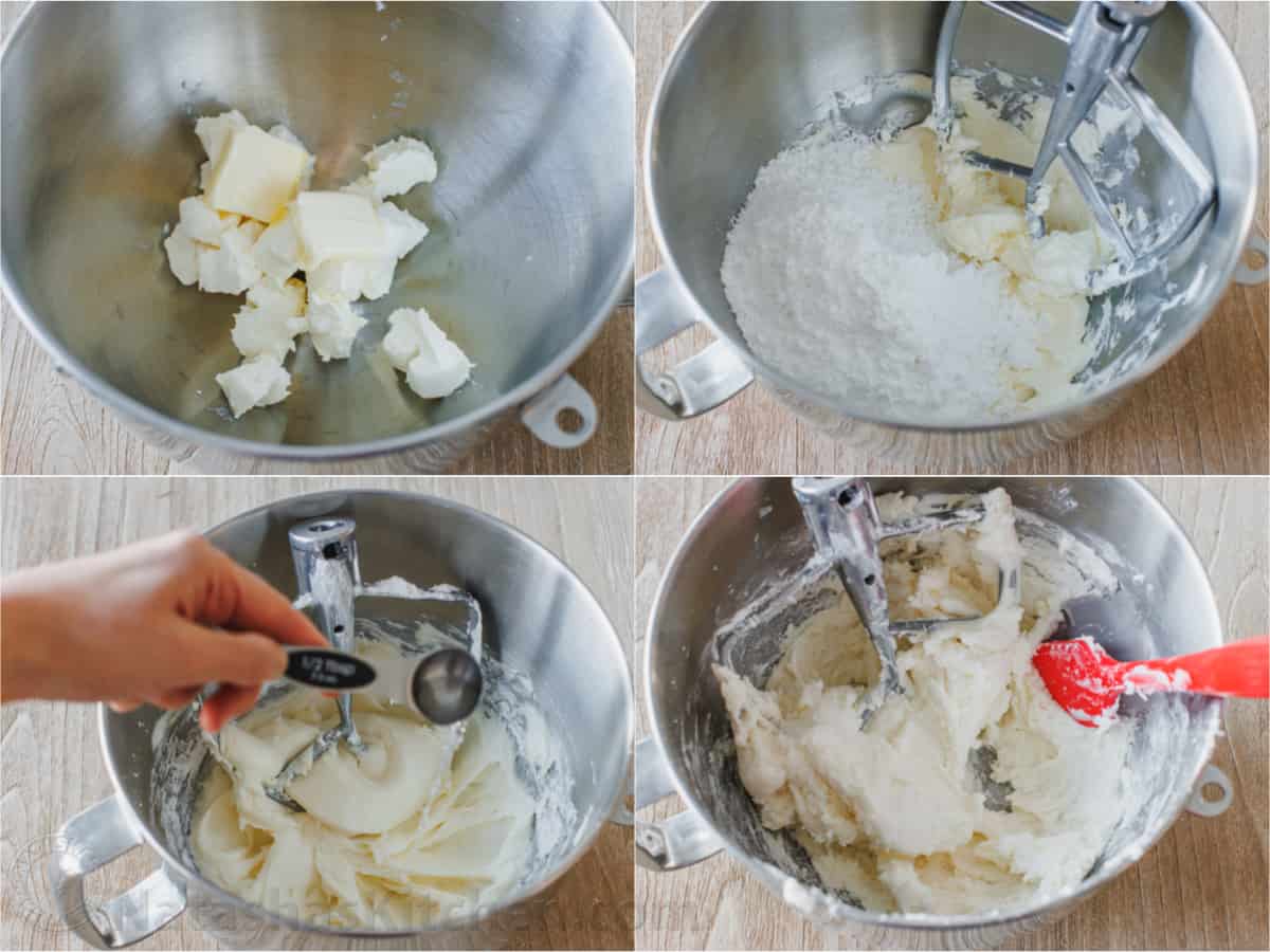 Photo collage showing the process for mixing cream cheese mint dough.