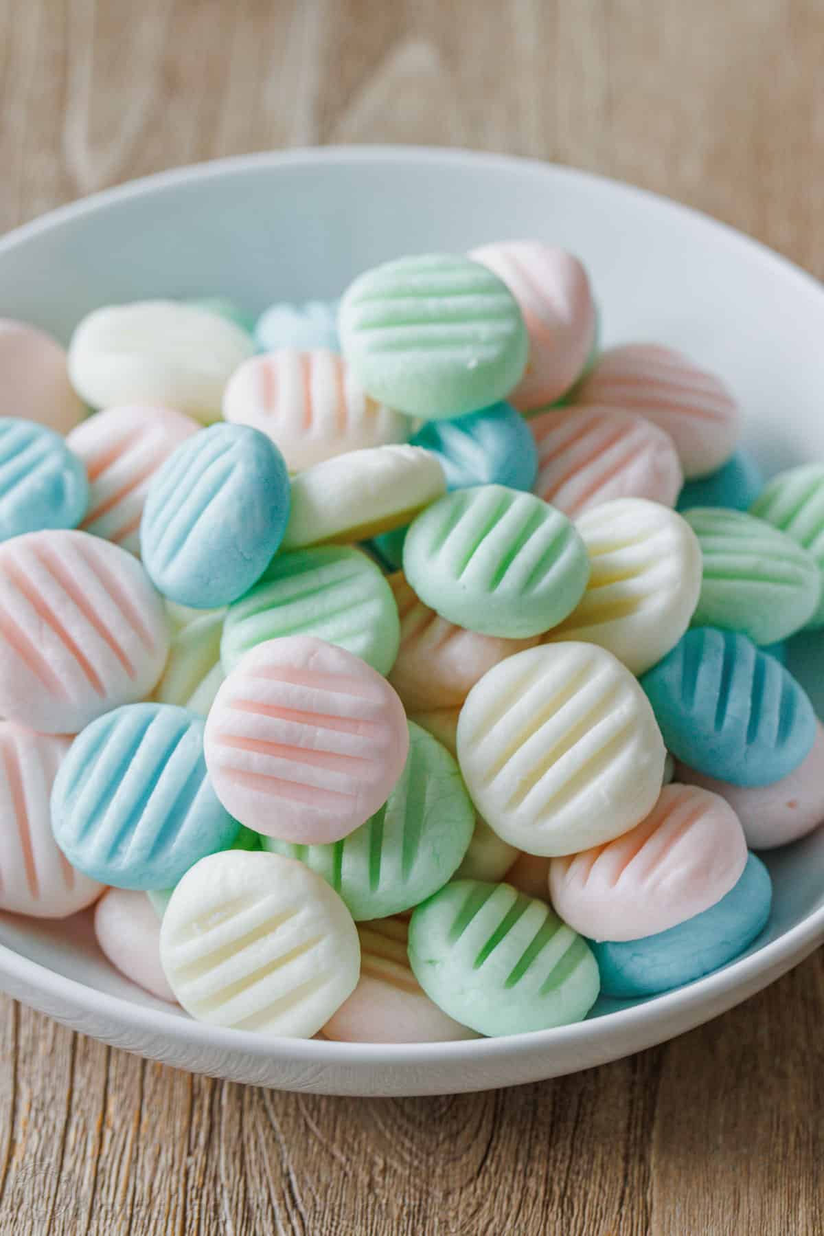 Colorful Cream Cheese Mints in a serving bowl