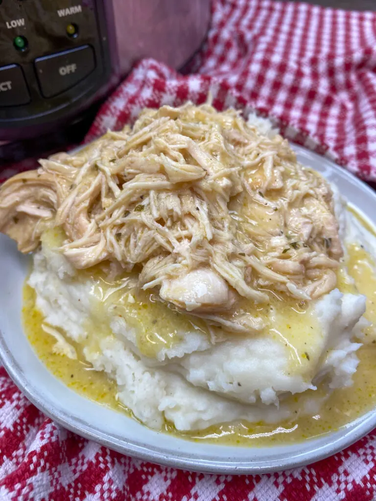 Chicken and gravy on a plate with mashed potatoes