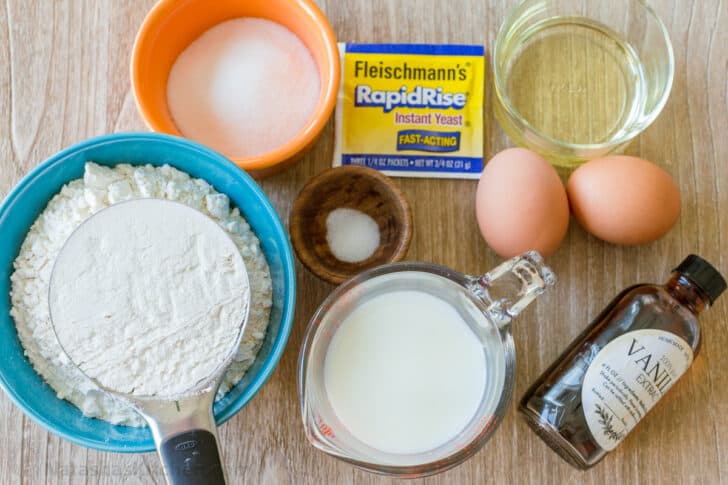 Ingredients for Fried donuts with rapid rise yeast, flour, milk, eggs, oil