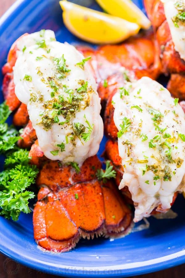 Baked lobster tails on a platter